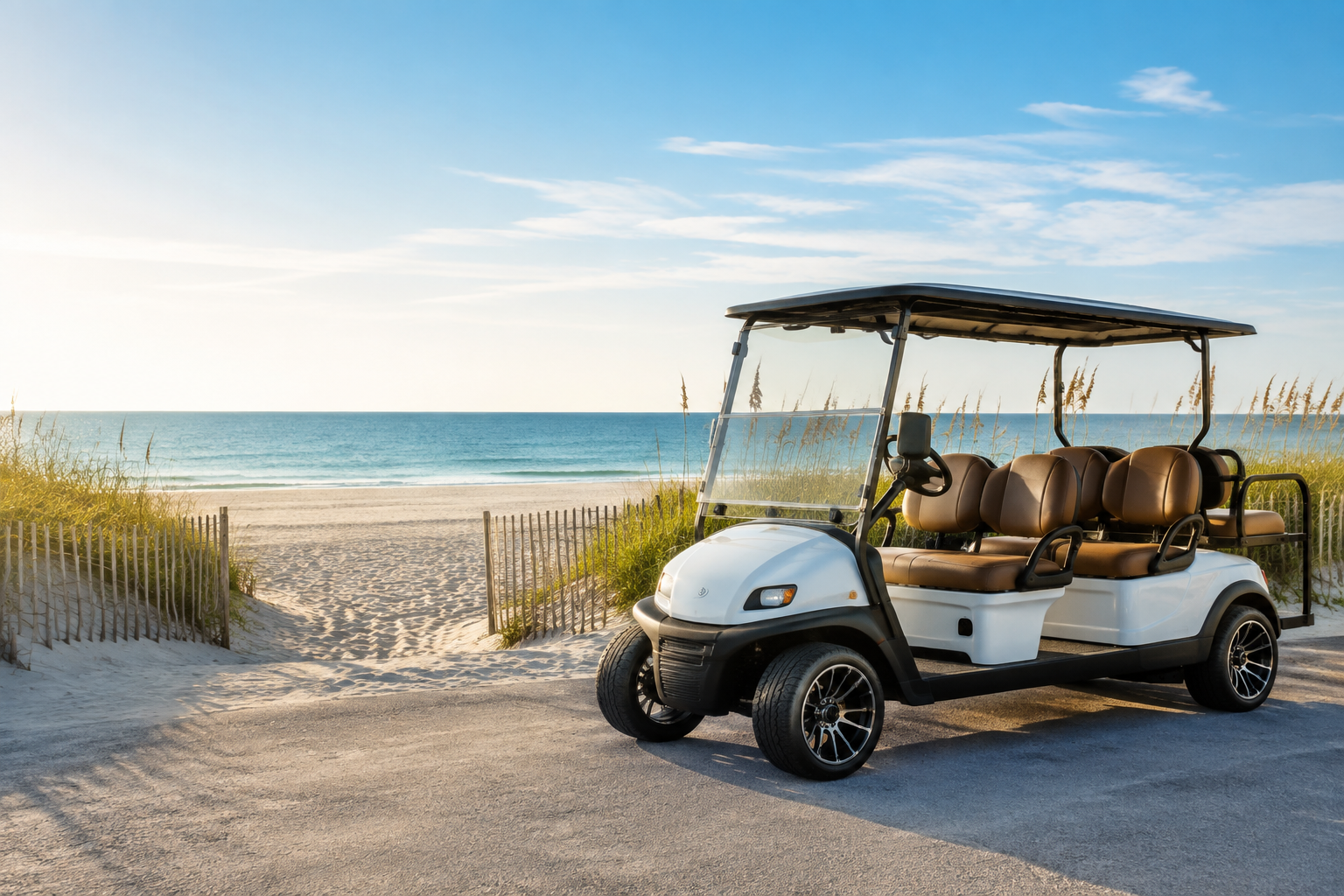 Golf cart beside a beach access